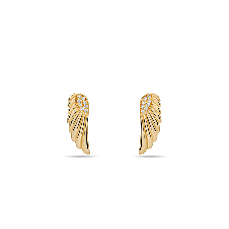These magical and enchanting diamond earring studs are made of 14 karat gold with a handset diamond pavé. Inspired by the wings of a goddess, its glowing gold and diamonds will brighten your day. 