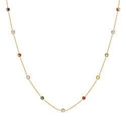 This 14 karat gold necklace features colourful stones bezel set in gold. 
