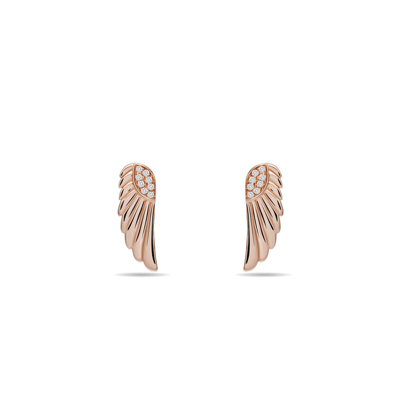 rosegold earrings. These magical and enchanting diamond earring studs are made of 14 karat gold with a handset diamond pavé. Inspired by the wings of a goddess, its glowing gold and diamonds will brighten your day. 