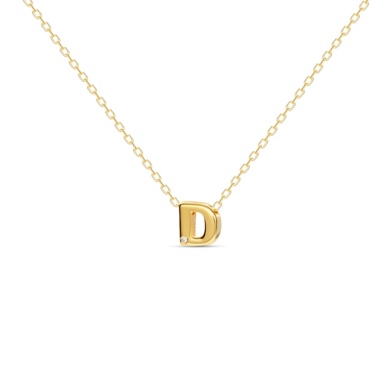 A 18 karat gold vermeil necklace with your initial letter "D". This diamond letter necklace is a special jewelry necklace that can be worn day and night. A genuine diamond stone in the corner of the letter makes this gold diamond necklace a luxury and ideal gift for yourself, your best friend or loved one. 