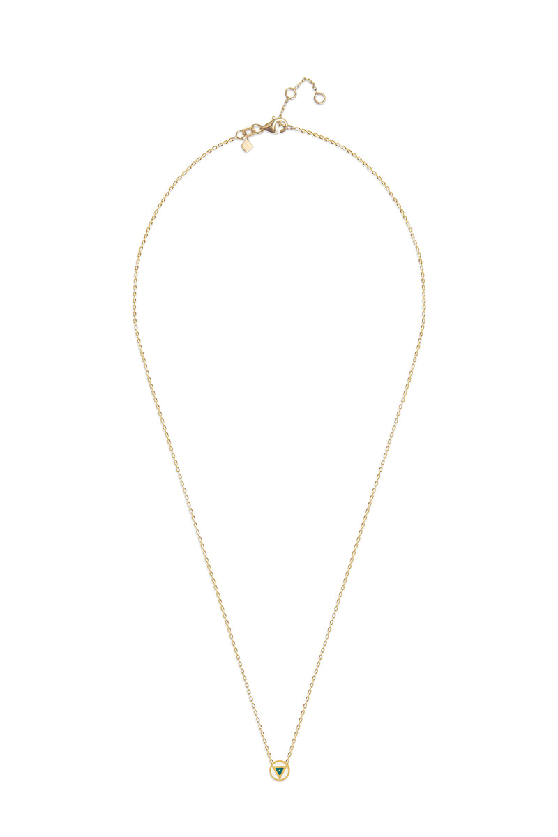 This handmade 14 karat gold necklace is the perfect every day gold accessory.  Its pendant features a hand-painted and two-sided enamel tribal painting symbol. The design allows the necklace to move in anyway, always revealing its beautiful hand-painted side.