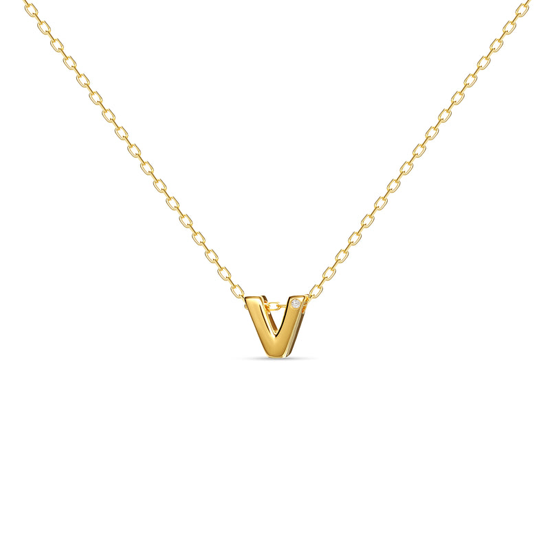 A 18 karat gold vermeil necklace with your initial letter "V". This diamond letter necklace is a special gold necklace that can be worn day and night. A genuine diamond stone in the corner of the letter makes this gold diamond necklace a luxury and ideal gift for yourself, your best friend or loved one. 
